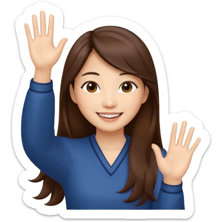 An Asian woman with long brown hair waving her hands sticker