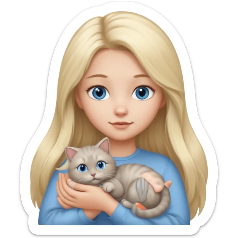 blonde girl with long blonde hair and blue eyes with chubby gray cat sticker
