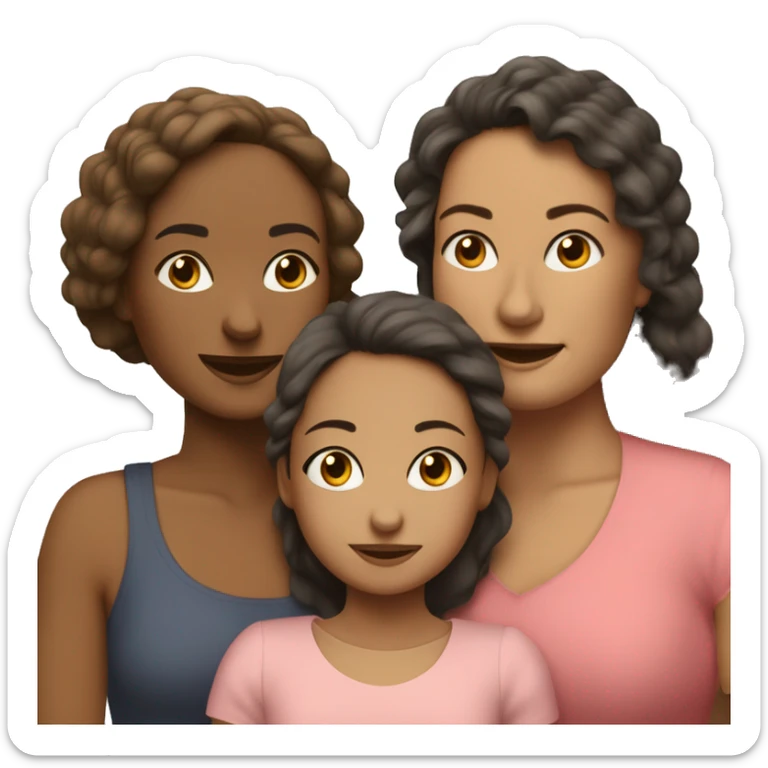 Madre pelo moreno, hija mayor pelo castaña ondulado e hija pequeña pelo castaña claro pelo lido dandose un abrazo sticker