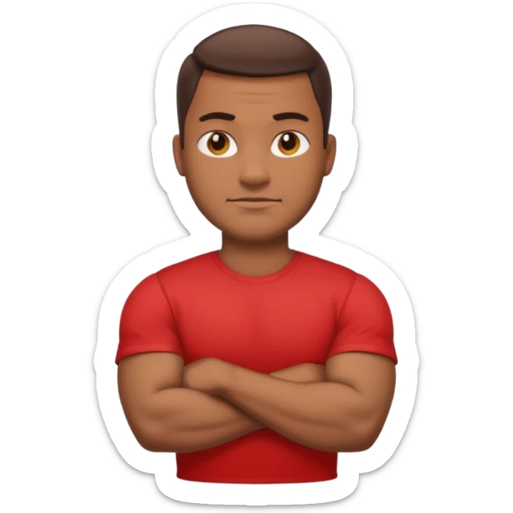 apple stylized emoji of a strong man, his arms crossed, white bg, he's in a red tee shirt sticker