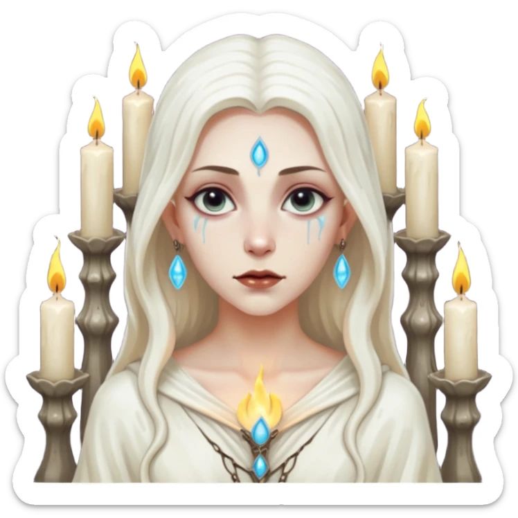 Pale sorceress lit by dozens of candles, wet skin glow, slow seductive gaze, dark fantasy cinema sticker
