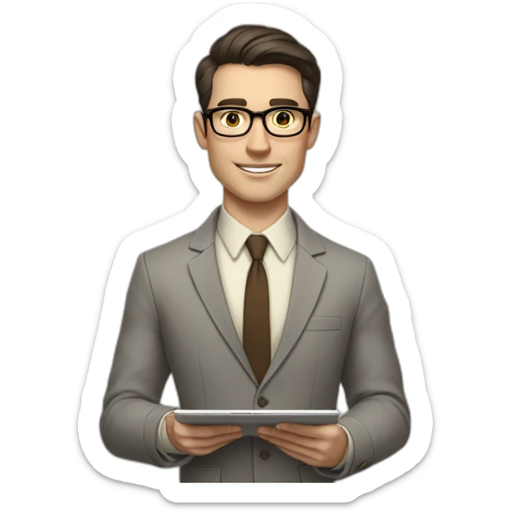 Pale skinned fit man with dark brown hair in gray jacket, beige office shirt, brown tie, brown pants and vintage glasses Writing on the tablet sticker