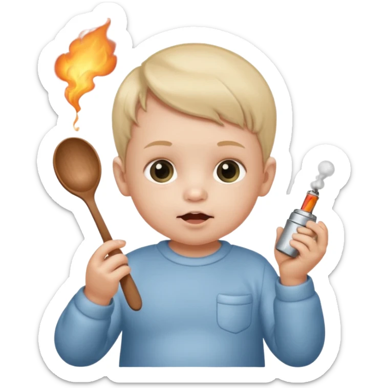 Baby with a spoon in one hand and lighter in the other with smoke coming off the spoon.  sticker