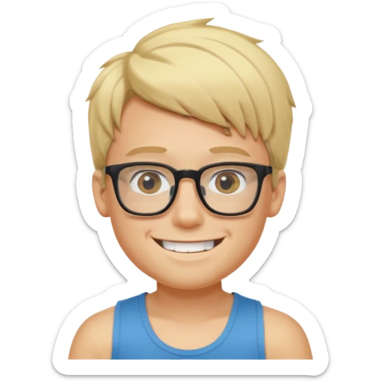 portrait of boy, wearing a tank top, square glasses, grinning face, blond hair sticker