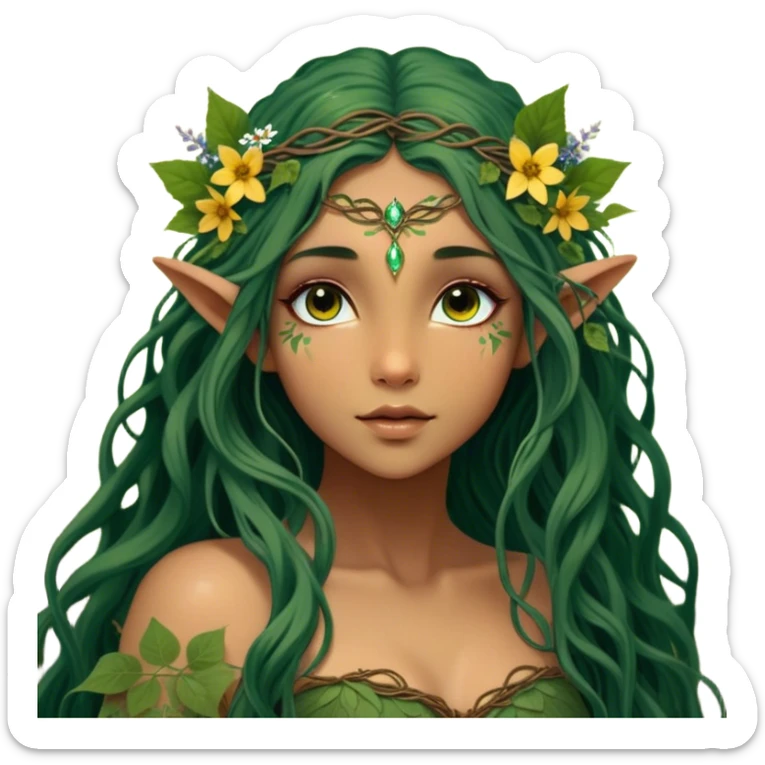 Cinematic Realistic Forest Nymph Fairy Portrait, depicted with lifelike, sun-kissed tanned skin that radiates an earthy glow, softly illuminated by natural, dappled light. Her long, flowing dark green hair is intricately detailed and interwoven with delicate vines and wildflowers, while her deep, soulful eyes mirror the wisdom of the forest. Dressed in an attire inspired by nature’s palette—with subtle botanical motifs—the portrait exudes a soft, enchanted glow that melds realism with woodland magic showing her large butterfly wings from her back. sticker