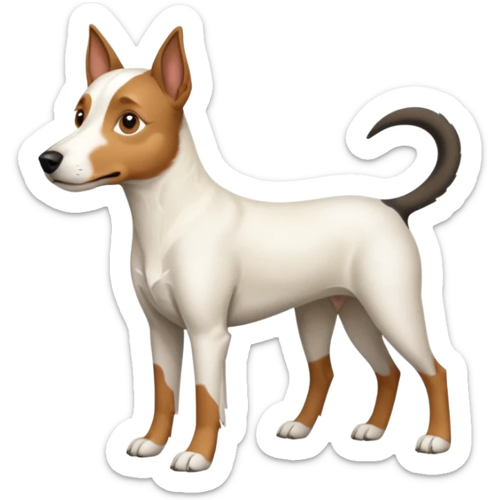 a full body large white parson russell looking dog the size of a kelpie with light brown flapped down ears and a light brown patch on one eye and a large snout sticker