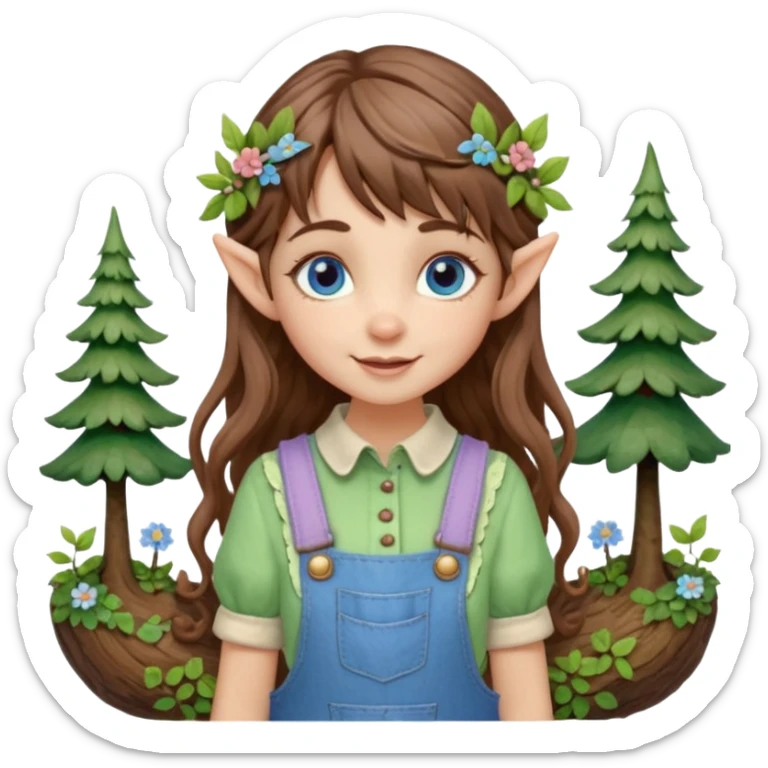 Kind happy whimsical quirky Girl toymaker, wood carving elf. Woodland nature creator. Blue eyes. brown hair (just below chin length) wavy hair & bangs. Whimsical playful cute. Overalls with nature embroidered cute shirt collar. Light green, light purple and light blue colour aesthetic  sticker