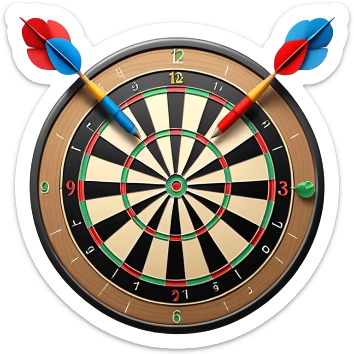 A dartboard with darts firmly stuck in the bullseye, surrounded by the colorful sections of the target. The background conveys a competitive atmosphere, with a subtle focus on precision and skill in the game of darts. sticker