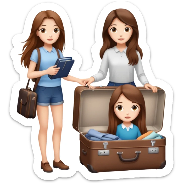 Two beautiful girls with long brown hair packing a suitcase,clean girl aesthetic sticker