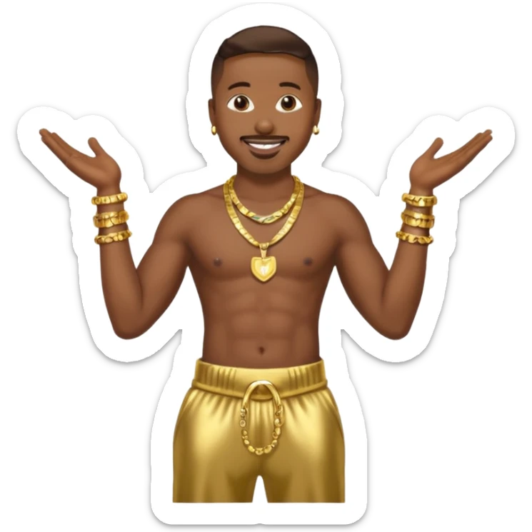 MC Hammer with dark brown hair, shirtless with necklace, metallic gold harem pants  sticker