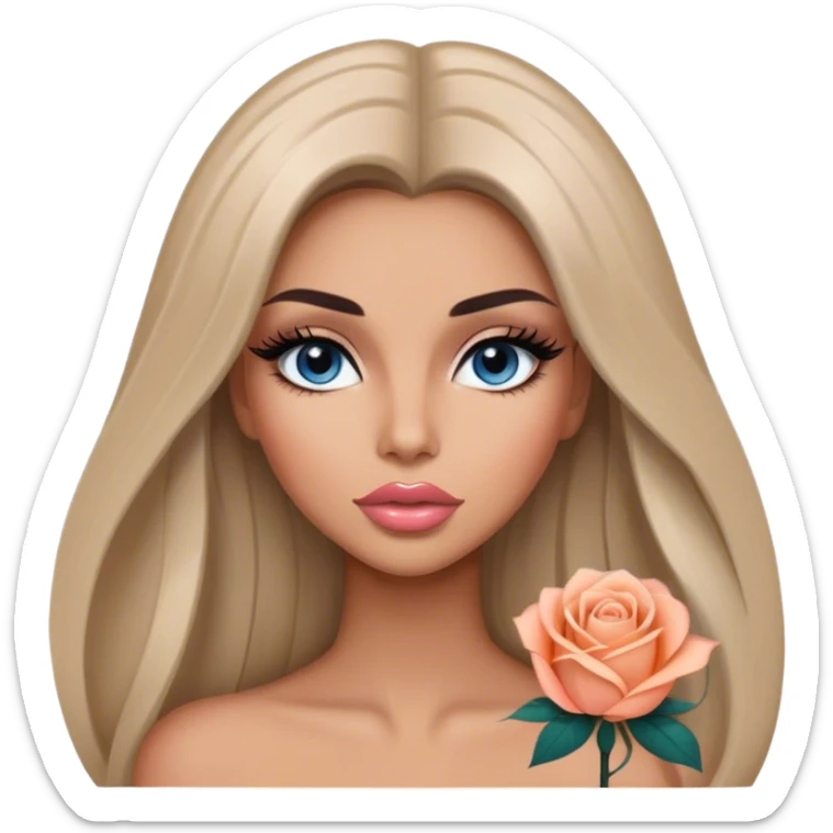 Glamours, tanned, very beautiful girl, with big pump peach-beige-rose lips, long long lashes, black straight smooth silky long hair, straight parting hair, blue-grey eyes sticker