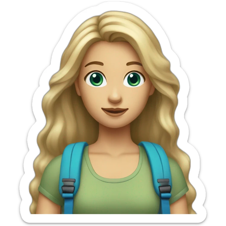 a girl with long dirty blonde hair and bright blue eyes wearing a tube top and sage green backpack sticker