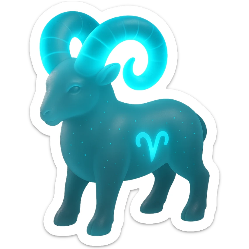 "A digital illustration of the Aries zodiac sign, a majestic ram with glowing horns, incorporating the color #00d9ff prominently in its design, celestial background, mystical and cosmic atmosphere" sticker