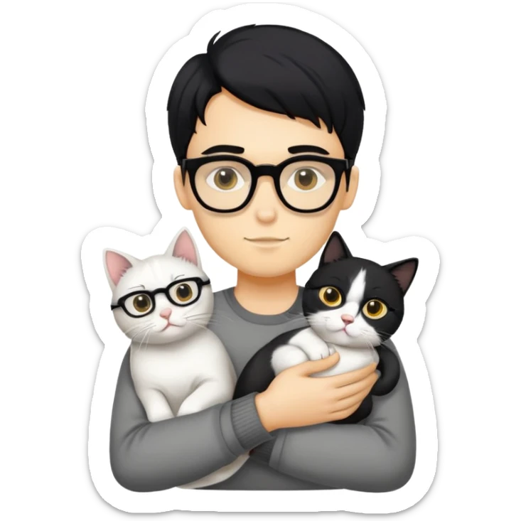 A young man with a long face and warm yellow-toned skin, black hair, wearing a pair of black glasses, cradling a grayish-white cat sticker