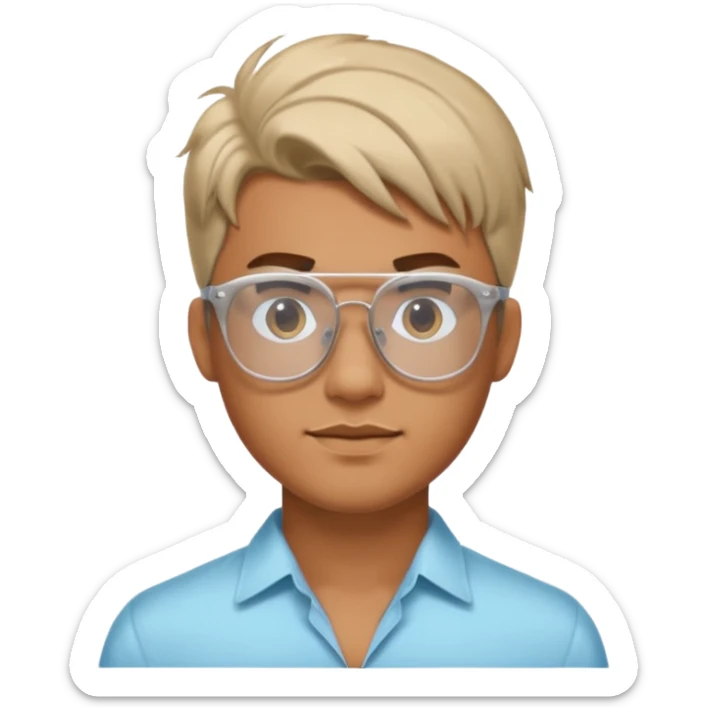 Erstelle mir eine Emoji von einem Jungen. Hautfarbe Bräunlich, Jung und Gutaussehend, mit durchsichtiger Brille und playboy Frisur  sticker