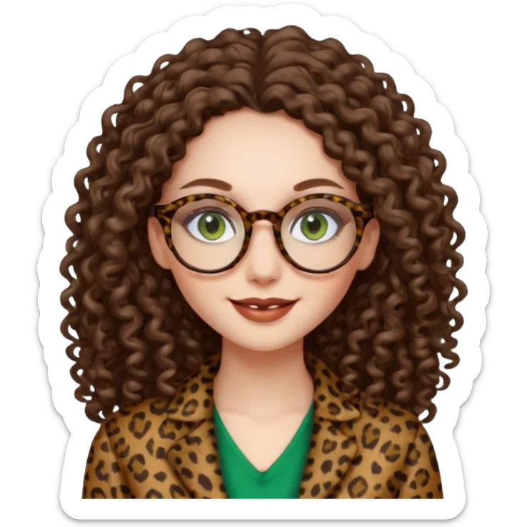 a green eyed woman with very very long brunette curly hair, full lips,and pale skin. She is wearing a leopard printed thin round-ish glasses . She is wearing fully brown clothes. She is gretting smiling sticker