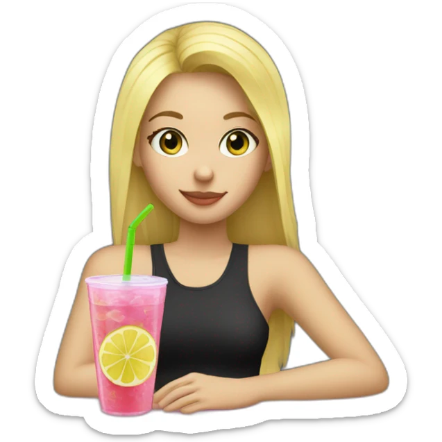 blonde girl straw drinking pink lemonade with one green lemon in the cup, with black watch black t shirt sticker