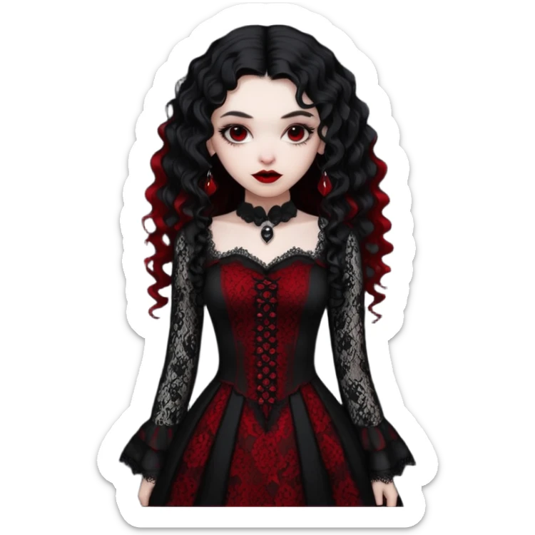 A girl with a red goth vampire look in a black and red goth lace dress with long sleeves and long black curly hair  sticker