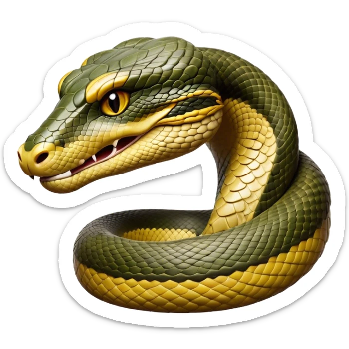 Cinematic Noble Anaconda Portrait Emoji, Poised and imposing, with a massive, sinuous build draped in intricately patterned scales and piercing, focused eyes, Simplified yet sharp and sophisticated features, highly detailed, glowing with a soft, earthy glow, high shine, intelligent and formidable, stylized with an air of primal elegance, focused and mysterious, soft glowing outline, capturing the essence of a watchful jungle guardian that feels as though it could coil out of the screen with effortless authority! sticker