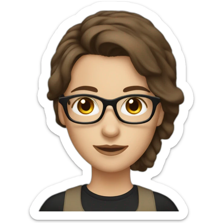 A White woman with medium dark brown hair wearing a brown glasses and black t-shirt sticker