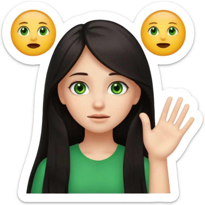 Animated girl dark long hair green eyes emoji with duh facial expression ,one hand on top of her head sticker