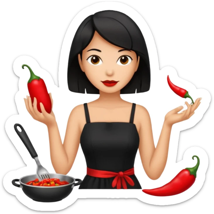 black short shoulder length hair tanned woman, black dress cooking, holding chili pepper sticker