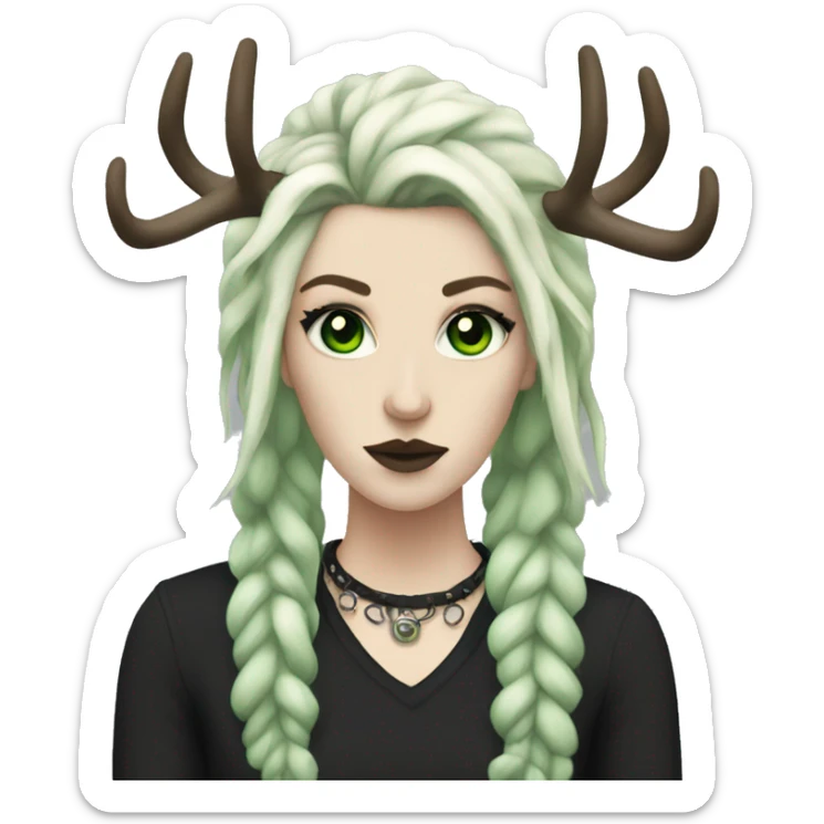 Punk woman, pale skin, green eyes, black dreadlocks, eyeliner, deer antlers  sticker