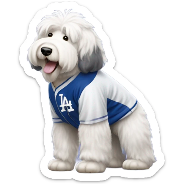 Old English Sheepdog full height wearing a Los Angeles dodgers baseball jersey sticker