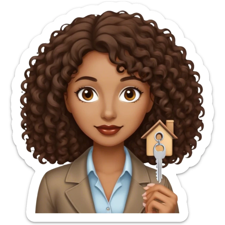 Dark brown lady with medium brown mid length curly hair in real estate job with house and keys sticker