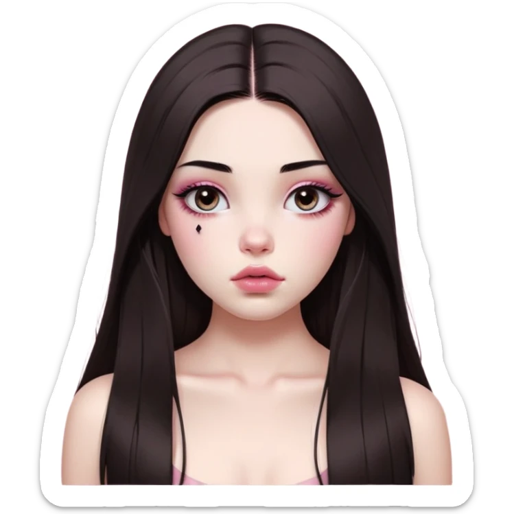 girl with white skin, dark brown long realistic straight hair with middle part prominently falling in front of her body over her shoulders, very big pouty extra shiny lips with absolutely no cupid's bow, big round shiny eyes with black eyeballs and huge eyelashes, no eyeshadow, pink blush on cheeks, lighter button nose, extremely long oval-shaped face, wearing a pink off-shoulder top, looking directly at camera with hands down at sides sticker