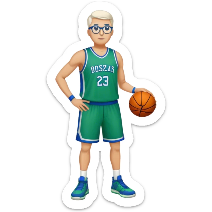 Full Body large white male basketball player wearing glasses wearing blue green uniform sticker