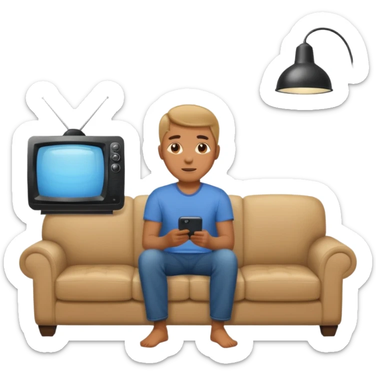 A man photographed from behind, sitting on a sofa and watching the news on TV. The setting is a living room. sticker