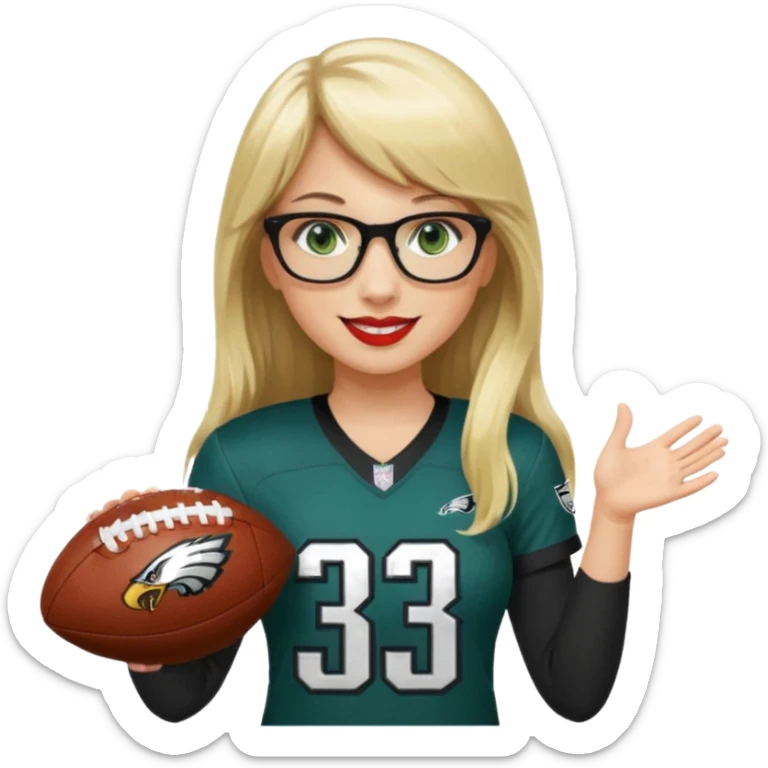 full length women wearing eagles uniform, long blonde hair, bangs, green eyes, black glasses, holding football, number 33, smiling, lipstick sticker