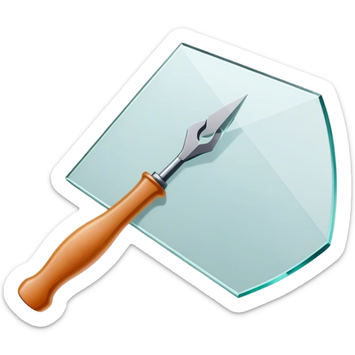 Glass carving icon, piece of glass being etched with carving tools, fine lines and patterns on the glass surface, glass cutter, minimalistic style, clean lines, transparent background. sticker