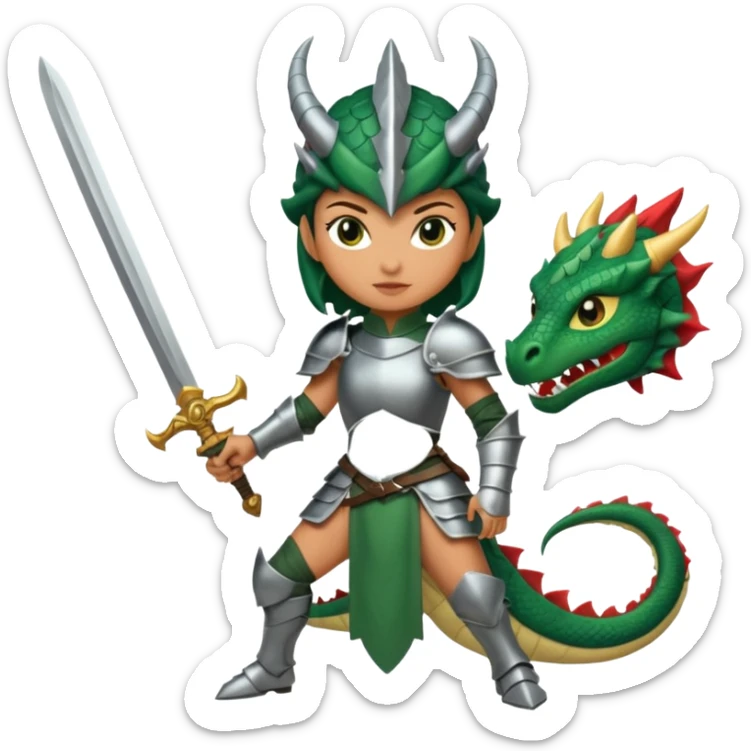 Fierce Latina in armor with a sword cutting off the head of a dragon sticker