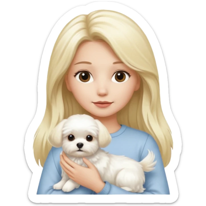 birthday woman with long blonde hair is holding a Maltese dog sticker
