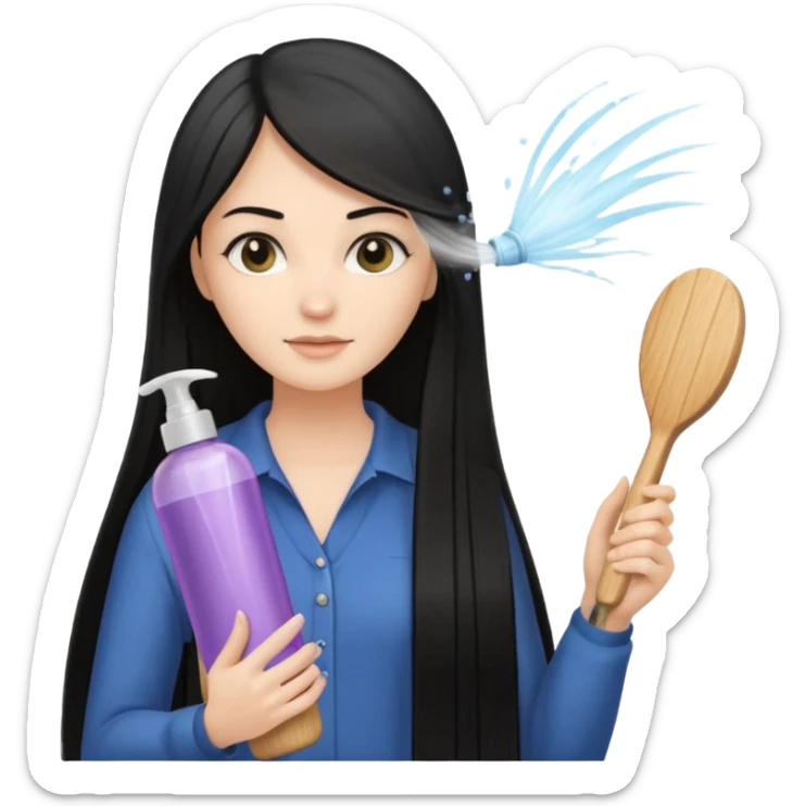 A white woman with long, straight black hair, holding a wooden paddle hairbrush in her left hand and spraying a hair mist bottle with her right hand toward her hair. sticker