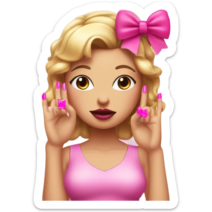 Frown face holding up the middle finger with pink nails and with big pink lip gloss with bows on the head sticker
