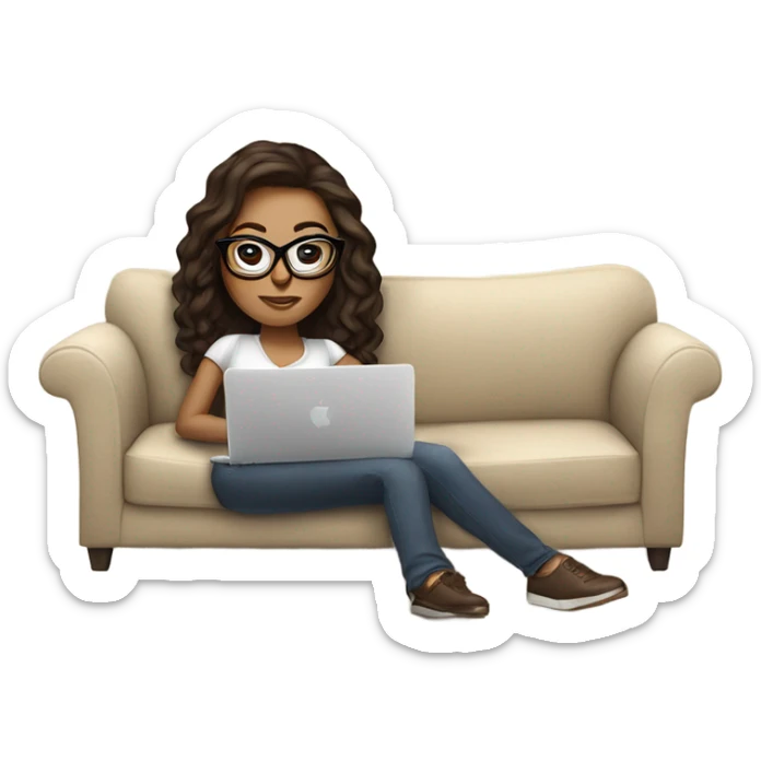 brunette girl laying on a cream colored couch with brown pillows with glasses on and a laptop on small table in front with coffee cup on mouse pad sticker