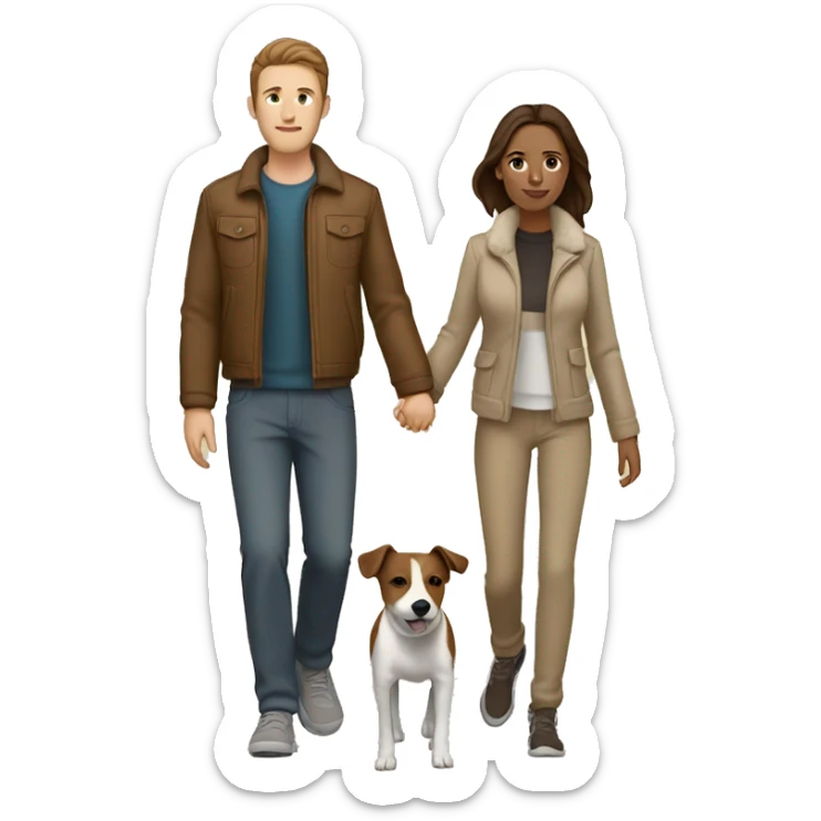 Couple with brown hair and beige jackets and brown pants holding hands on a late night walk with a jack russell terrier sticker