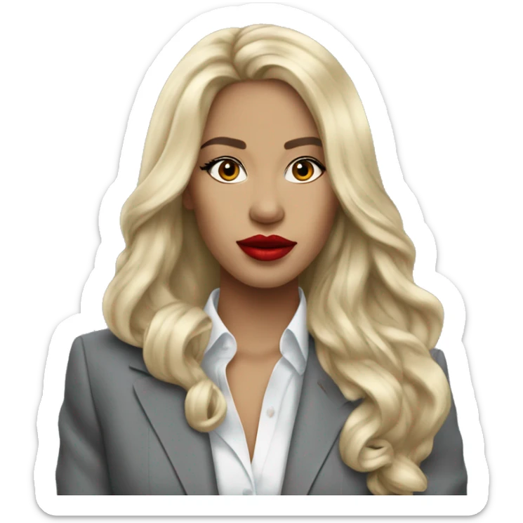 Blonde long hair with red lips Tiffany diamond seller in a grey suit sticker