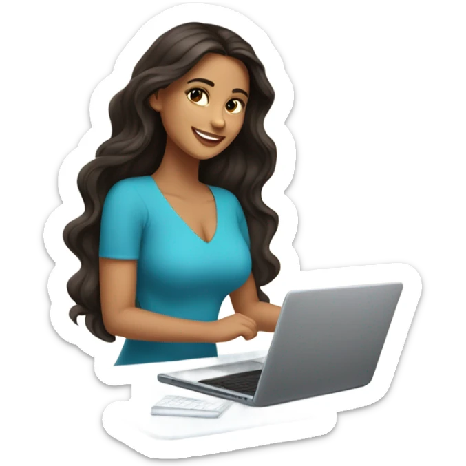 Beautiful girl smiling, dark brown hair,wavy hair，long hair,Black eyes,Latina, typing on laptop  sticker