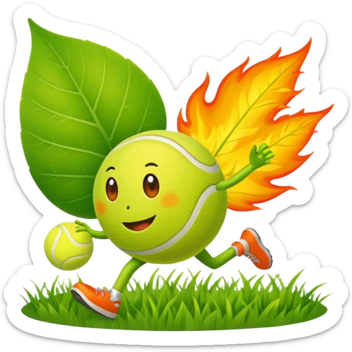 cartoon characters from bfdi, including a leaf, fire, and tennis ball, happily running in a grassy field sticker