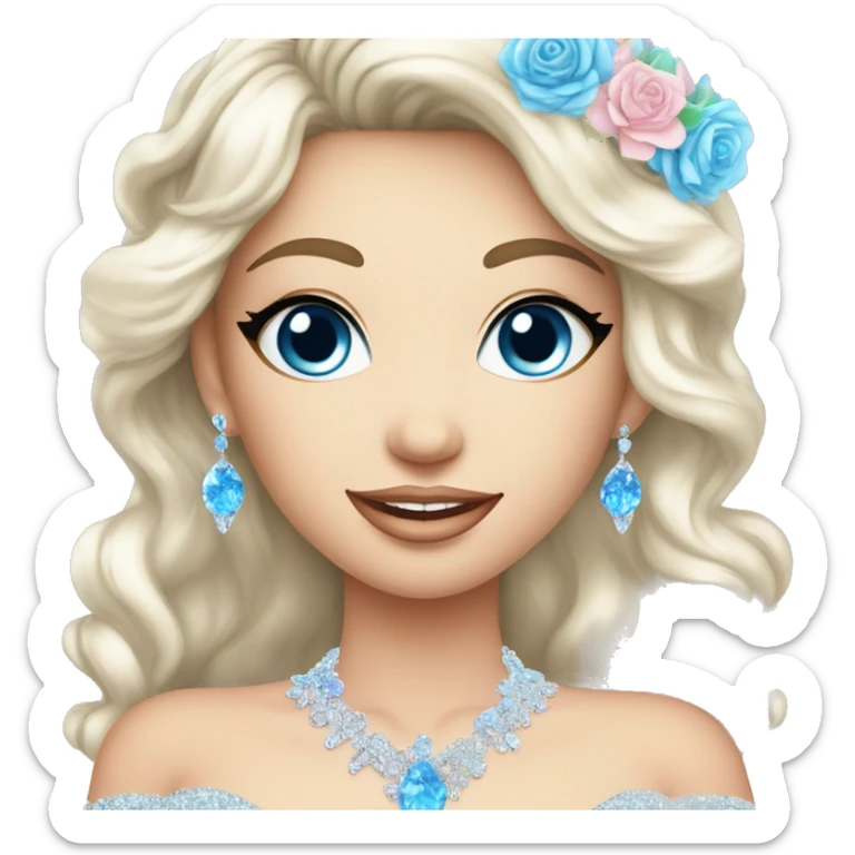 Gorgeous pastel Lady with blue eyes in a sparkly shiny dress with tiara and necklace and flowers behind her and trending  sticker