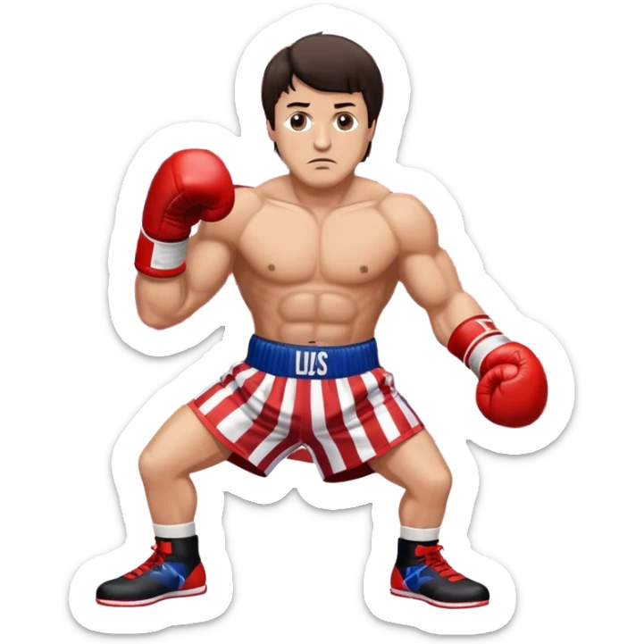 Rocky Balboa boxer in fighting stance with boxing gloves and American flag shorts sticker