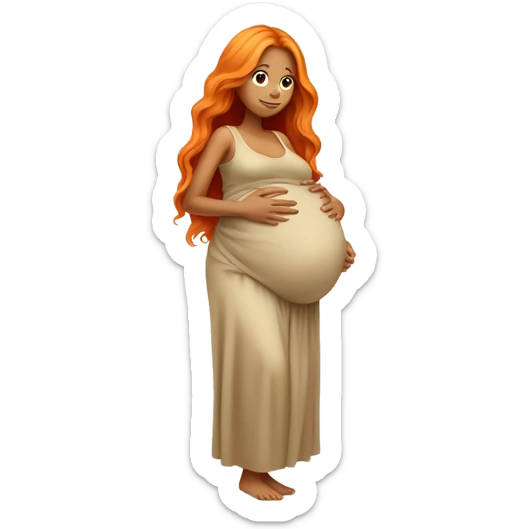 Tan girl with long orange hair holding pregnant stomach sticker