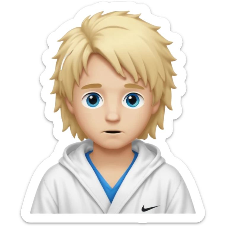Create a blond boy with long, messy hair, light eyes, a white t-shirt, long hair, blue eyes, medium length, voluminous, wearing a white Nike bathrobe and a little blush near his nose. He also wears a balaclava, the kind a gangster balaclava wears, covering his entire face, and make him cute. sticker