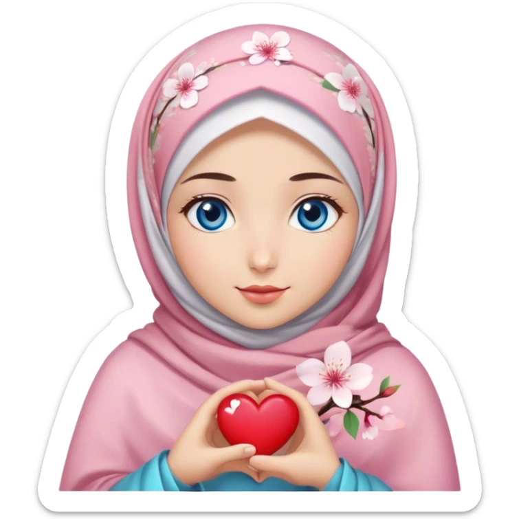 Turkish beautiful finish Konya girl blue eyes with cherry blossom flower design hijab and hold heart in her hand  sticker