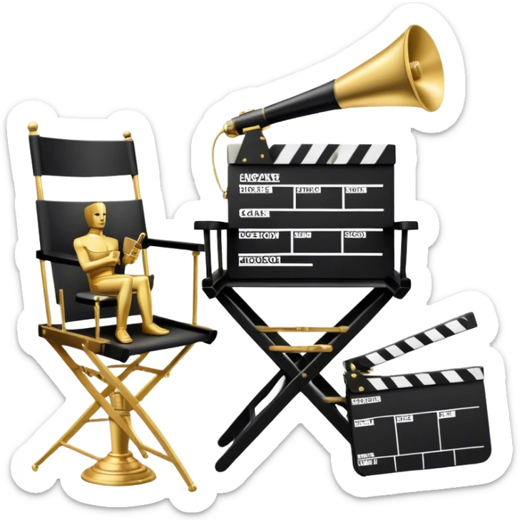 Icon for Directing: professional collage with director's chair, a film slate, a megaphone and an Oscar statuette. The icon should represent the creative and leadership aspects of directing, with focus on film and theater production. Transparent background. sticker