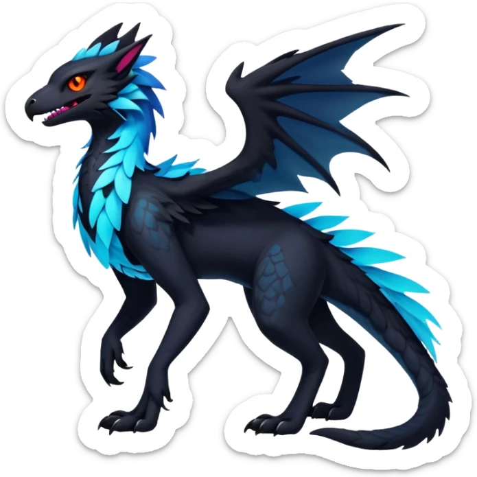 Black Dark Exotic Beaked Feathery Nocturnal Neon-glowing Abyssal Nightly Abyss-Cat-Gryphon-Salandit-Nargacuga-Silvally-Vernid-Sergal-Fakémon-Hybrid-Creature (full body) sticker